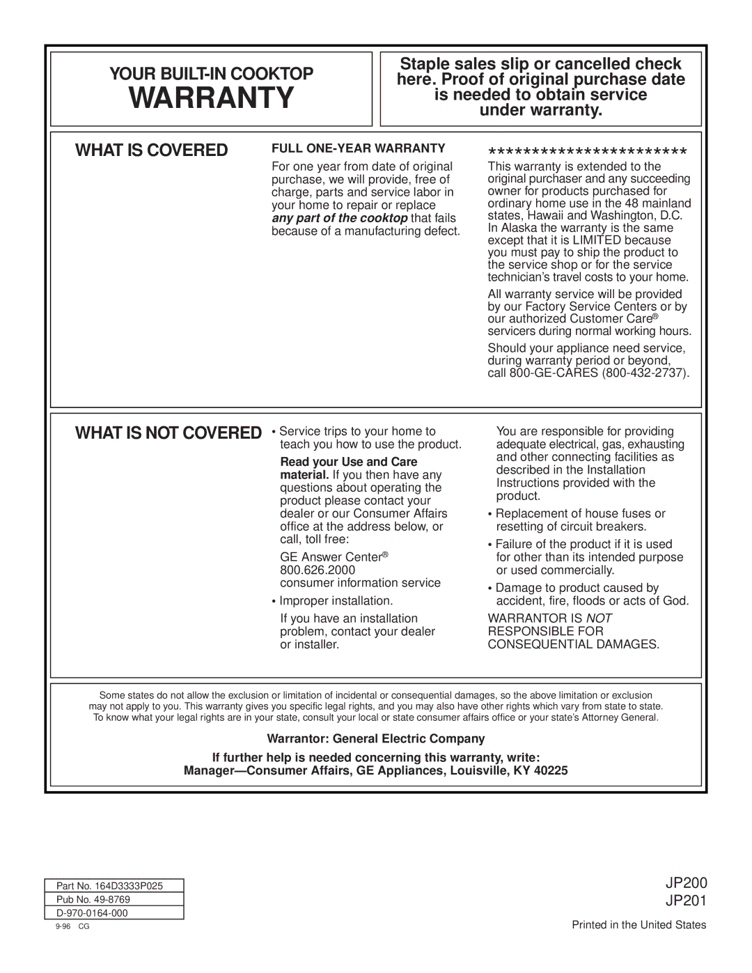 GE JP200, JP201 installation instructions Warranty 