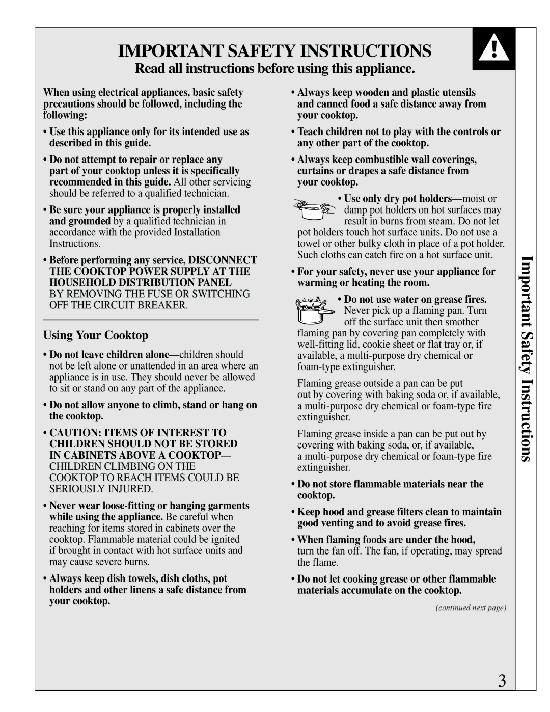 GE JP201, JP200 installation instructions Important Safety Instructions, Using Your Cooktop 