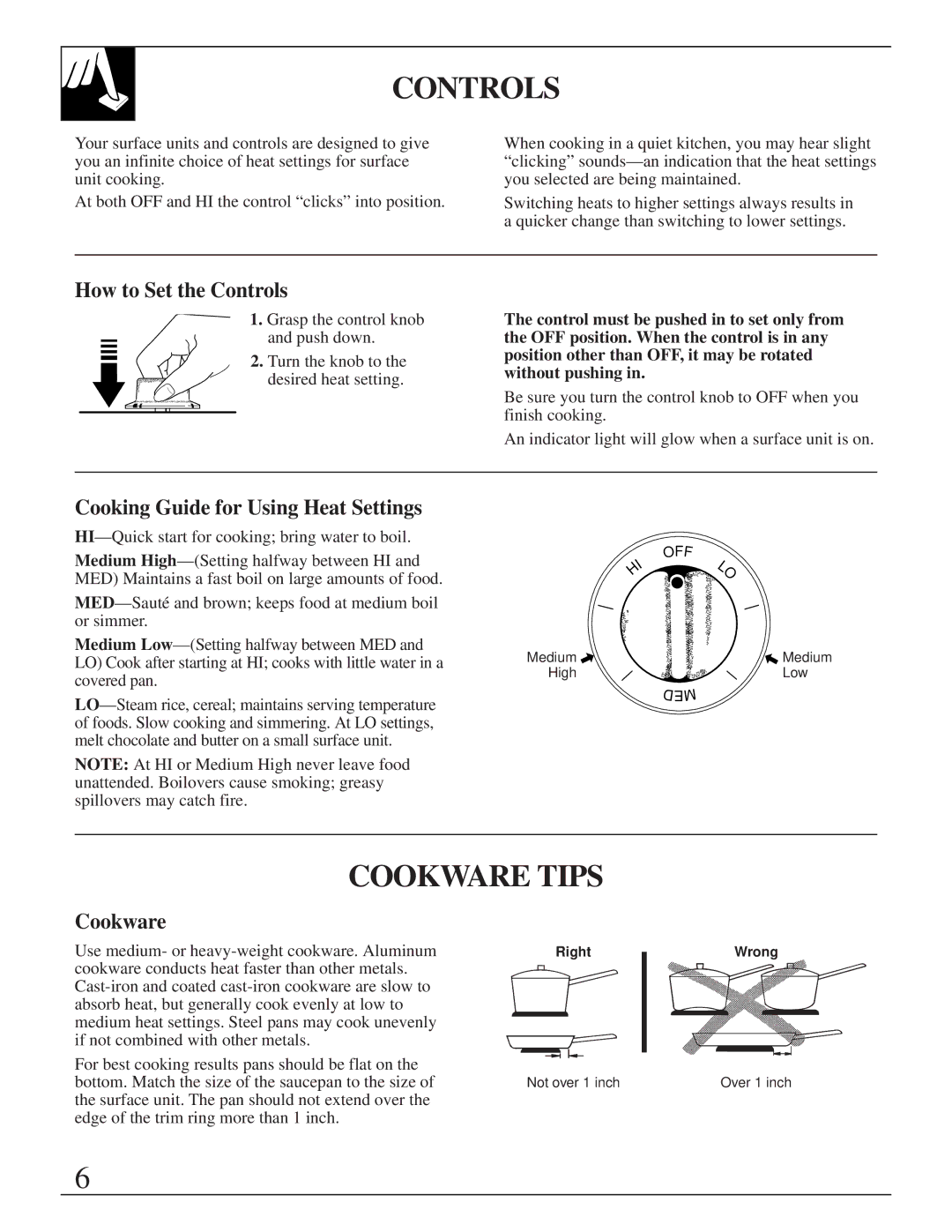 GE JP200, JP201 installation instructions Cookware Tips, How to Set the Controls, Cooking Guide for Using Heat Settings 