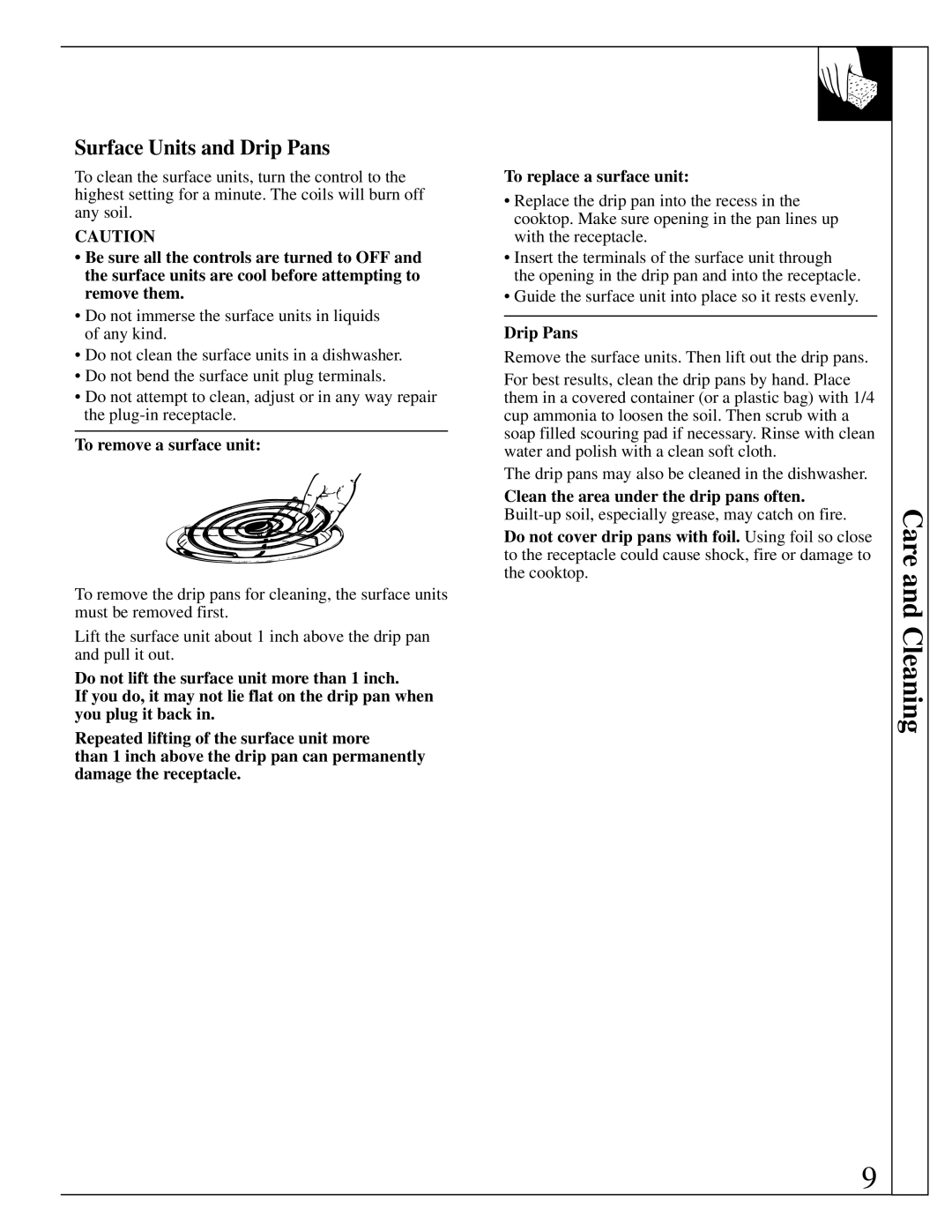 GE JP201, JP200 installation instructions Surface Units and Drip Pans, To remove a surface unit 