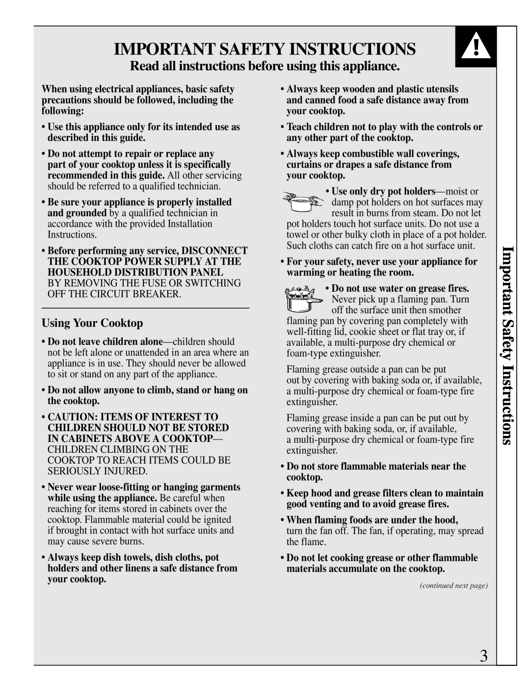 GE JP201, JP200 Important Safety Instructions, Using Your Cooktop, Read all instructions before using this appliance 