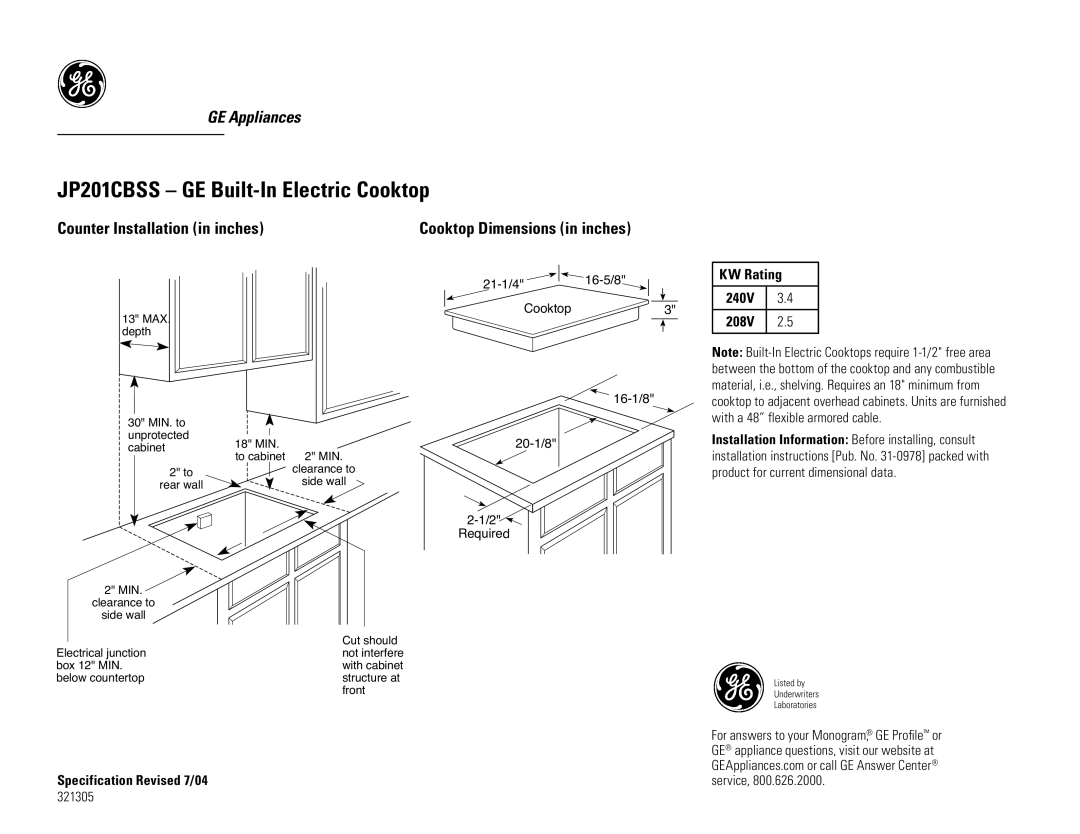 GE dimensions JP201CBSS GE Built-In Electric Cooktop, Counter Installation in inches, 240V, 208V 