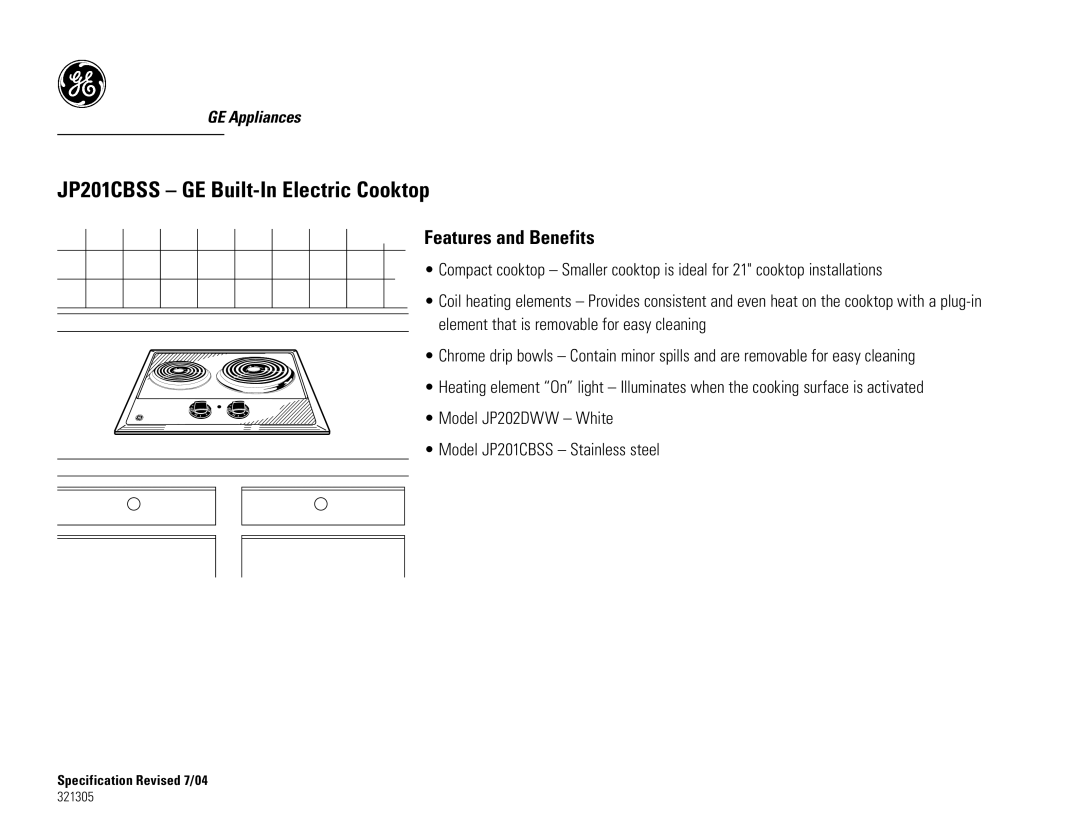 GE JP201CBSS dimensions Features and Benefits 