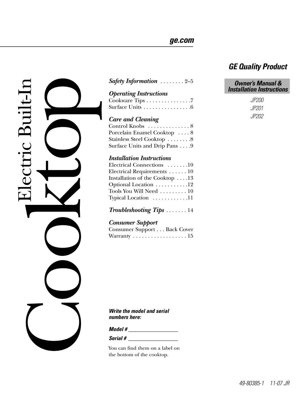 GE JP202 owner manual Cooktop 