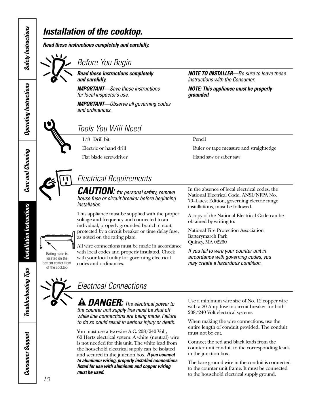 GE JP202 owner manual Installation of the cooktop, Before You Begin, Tools You Will Need, Electrical Requirements 