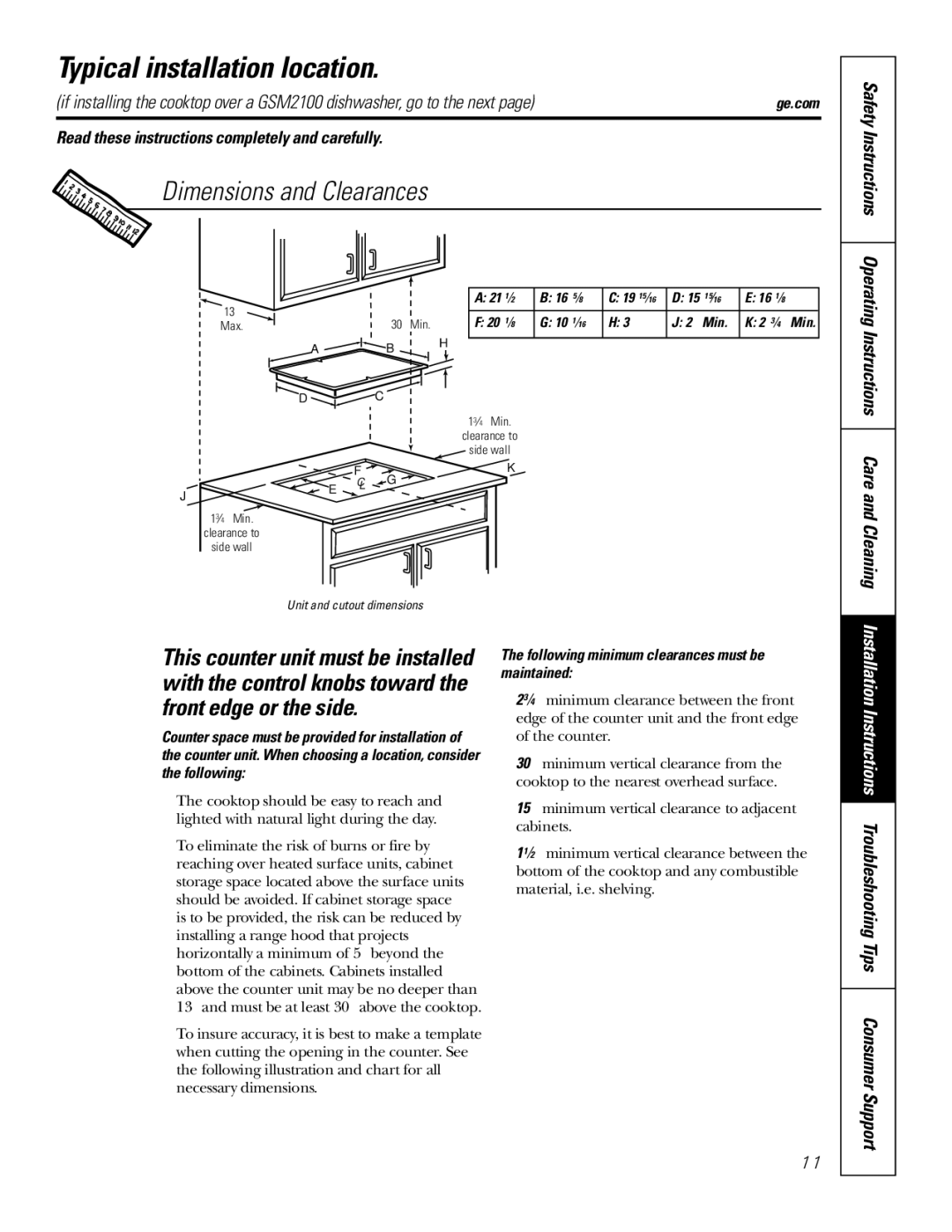 GE JP202 owner manual Typical installation location, Dimensions and Clearances, Operating Instructions Care and Cleaning 