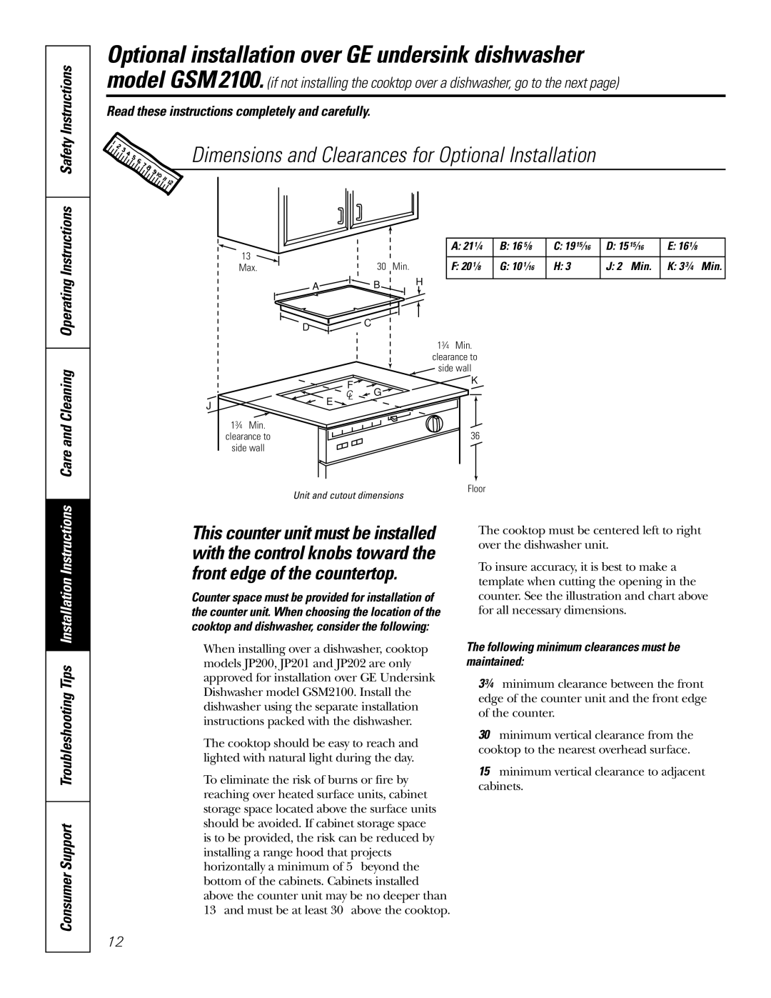 GE JP202 Optional installation over GE undersink dishwasher, Dimensions and Clearances for Optional Installation 