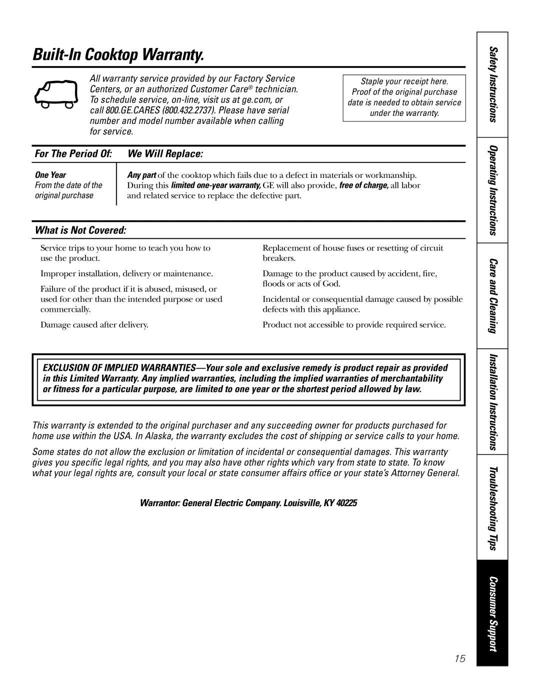 GE JP202 owner manual Built-In Cooktop Warranty, We Will Replace, What is Not Covered, Care and Cleaning, One Year 
