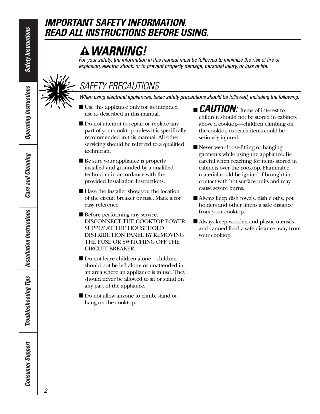 GE JP202 owner manual Safety Precautions 