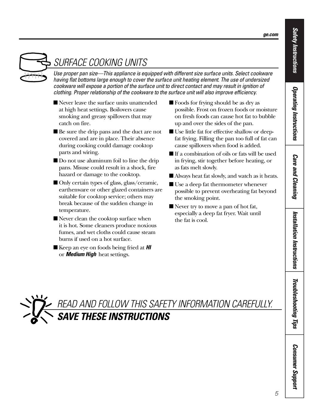 GE JP202 owner manual Surface Cooking Units, Instructions Care and Cleaning Installation Instructions 