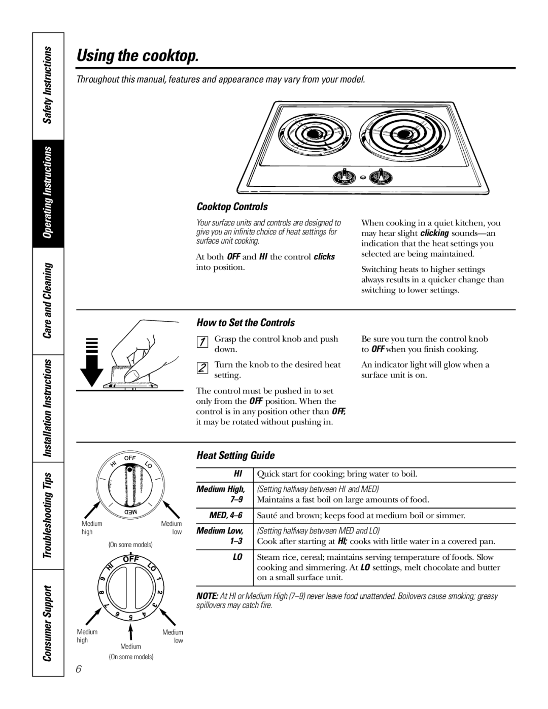 GE JP202 Using the cooktop, Instructions Safety Instructions, Cleaning Operating Cooktop Controls, How to Set the Controls 