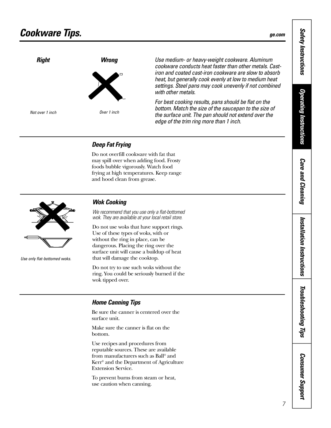GE JP202 owner manual Cookware Tips, Safety RightWrong, Deep Fat Frying, Wok Cooking, Home Canning Tips 
