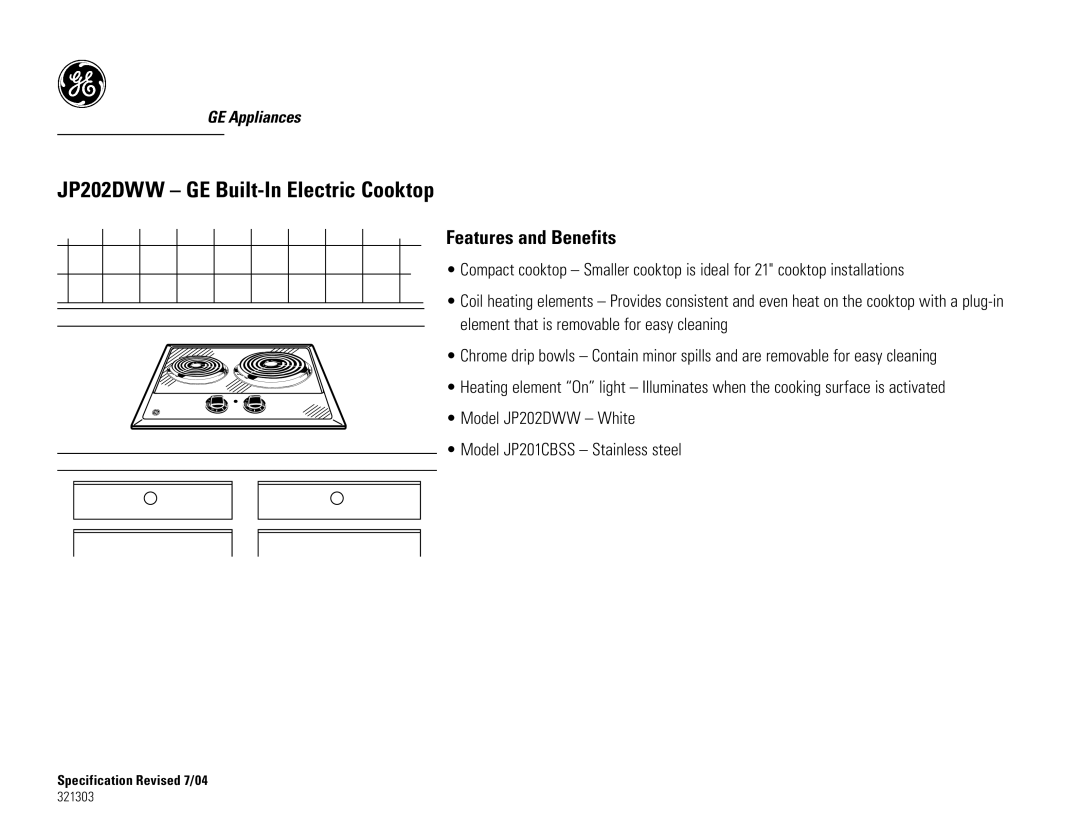 GE JP202DWW dimensions Features and Benefits 