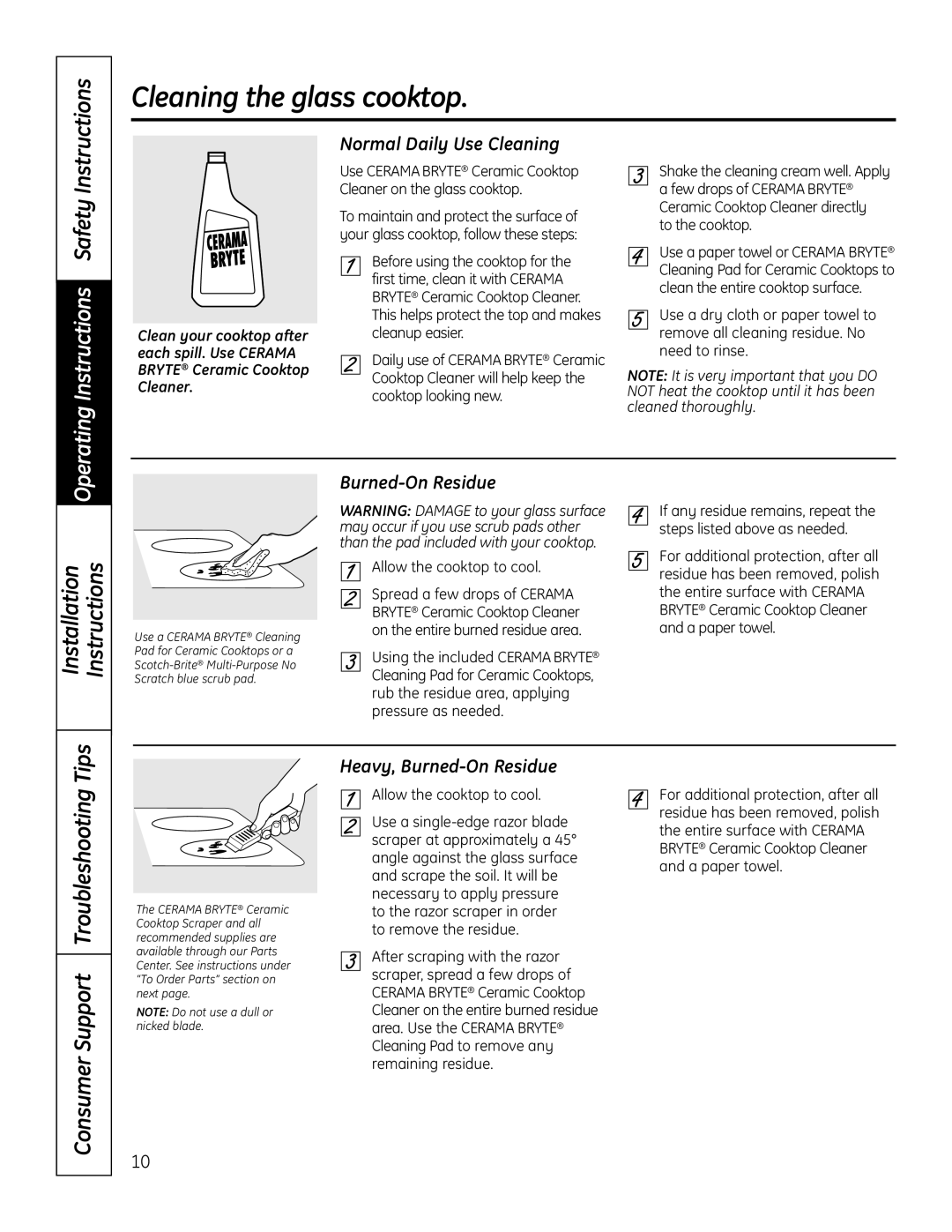 GE JP256 installation instructions Cleaning the glass cooktop, Normal Daily Use Cleaning, Heavy, Burned-On Residue 