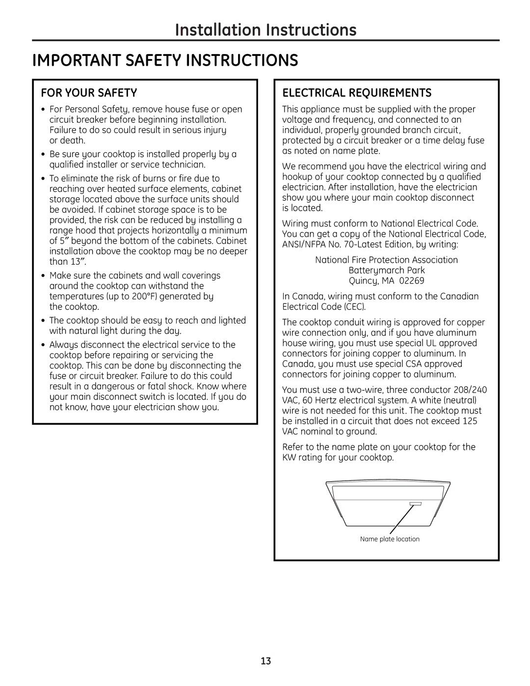 GE JP256 installation instructions Important Safety Instructions, For Your Safety, Electrical Requirements 