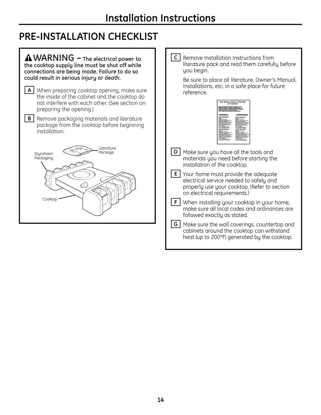 GE JP256 installation instructions PRE-INSTALLATION Checklist 