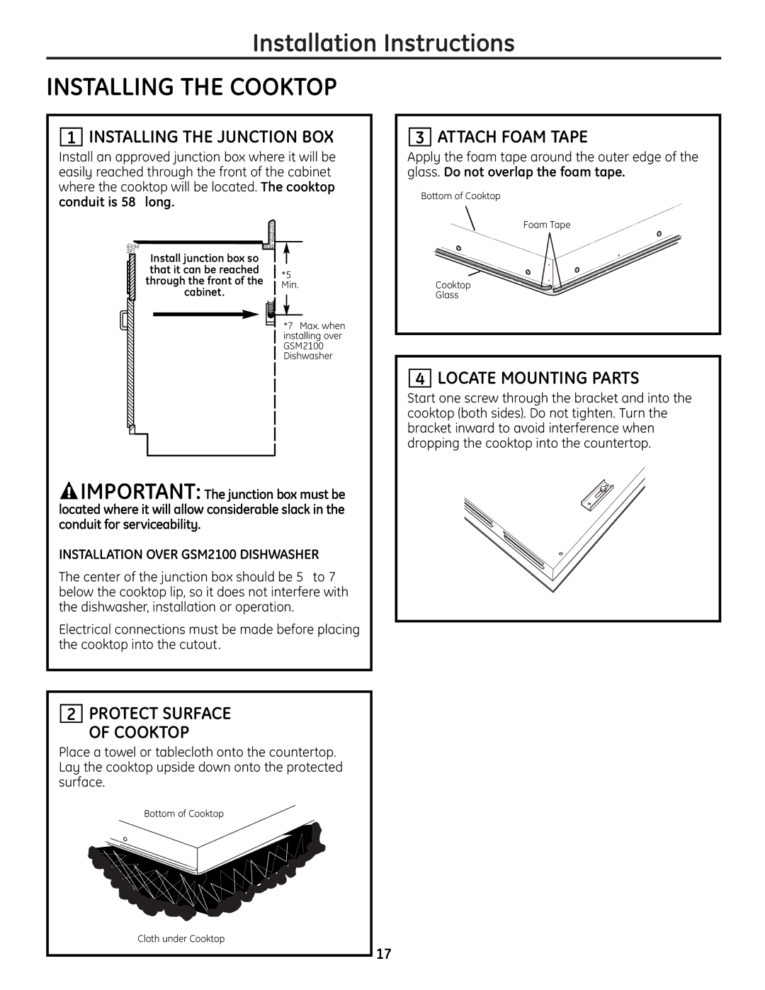GE JP256 Installing the Cooktop, Installing the Junction BOX, Attach Foam Tape, Locate Mounting Parts 