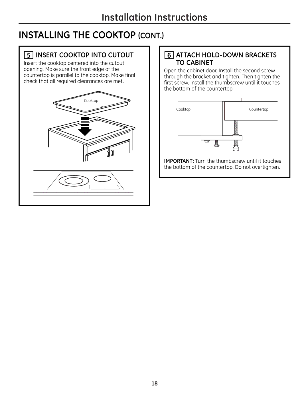 GE JP256 installation instructions Insert Cooktop Into Cutout, Attach HOLD-DOWN Brackets to Cabinet 