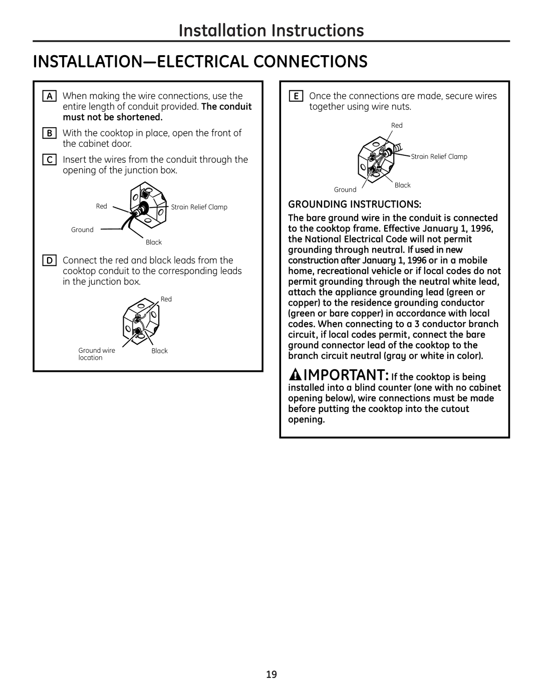 GE JP256 installation instructions INSTALLATION-ELECTRICAL Connections, Grounding Instructions 