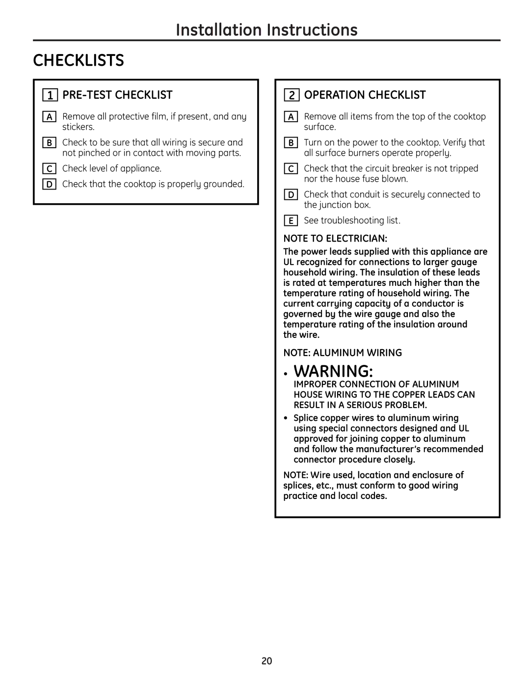 GE JP256 Checklists, PRE-TEST Checklist, Operation Checklist, Remove all protective film, if present, and any stickers 