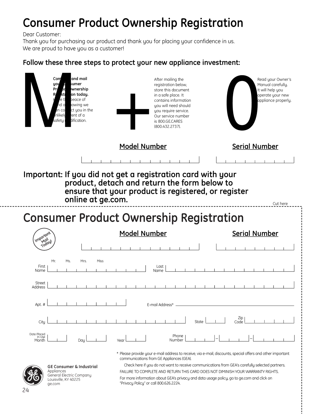 GE JP256 installation instructions Consumer Product Ownership Registration 