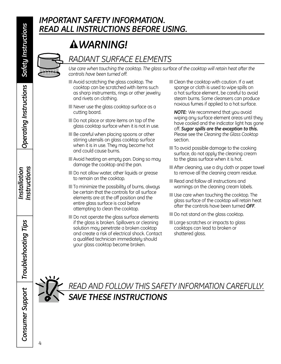 GE JP256 installation instructions Radiant Surface Elements, Consumer Support 