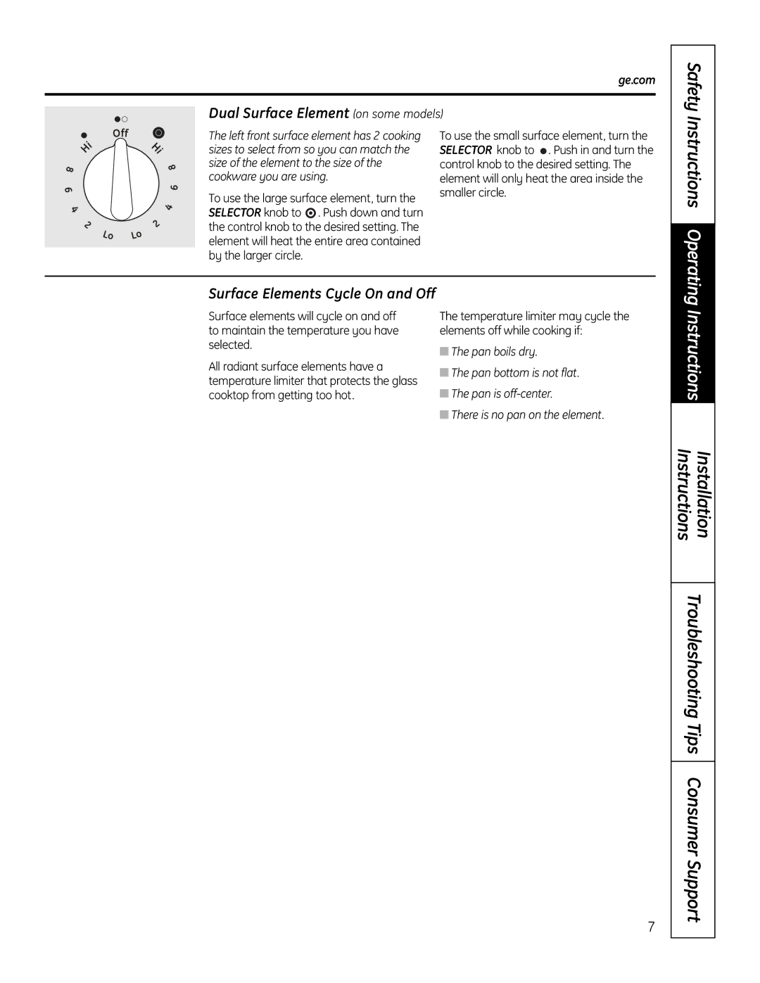 GE JP256 installation instructions Safety, Dual Surface Element on some models 