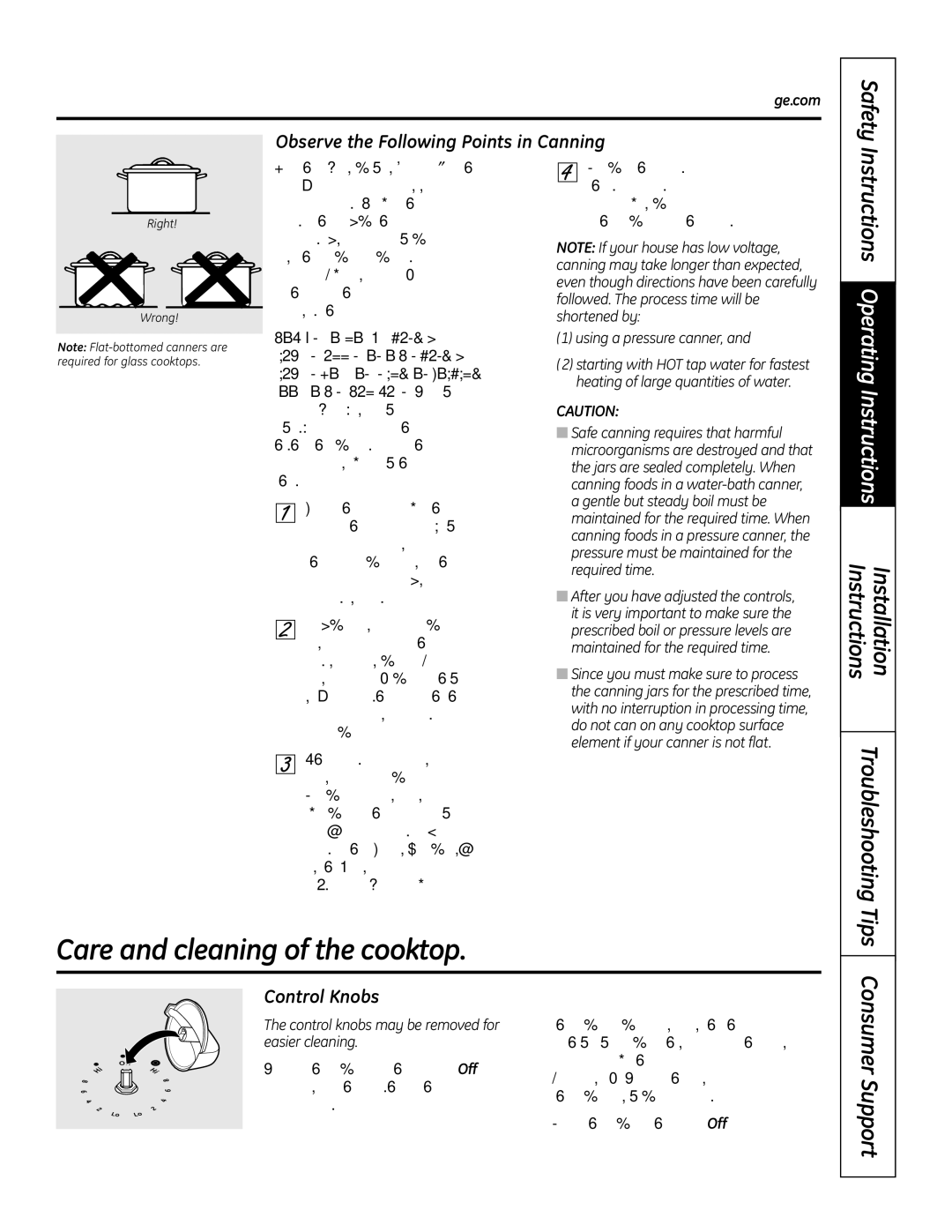 GE JP256 Care and cleaning of the cooktop, Observe the Following Points in Canning, Troubleshooting Tips, Control Knobs 