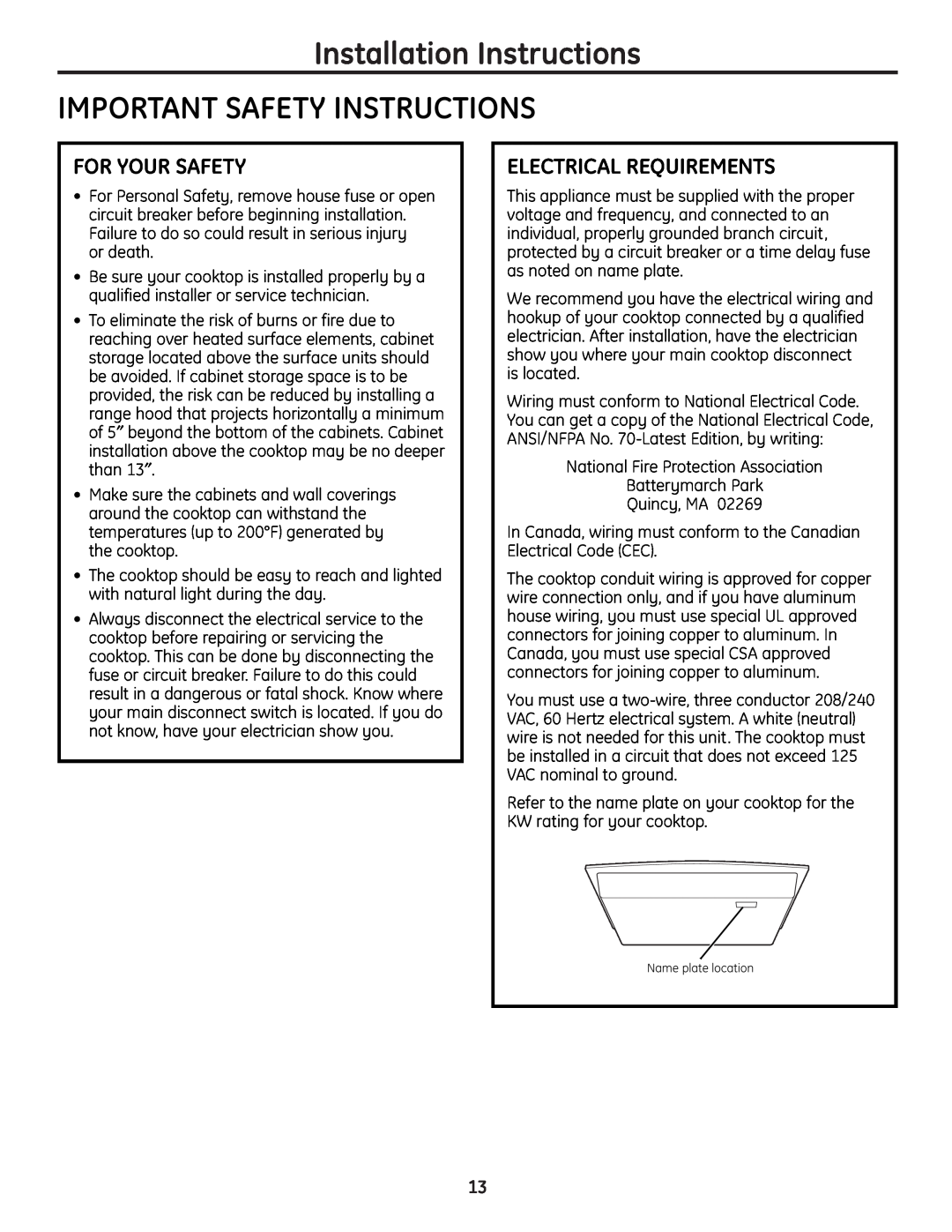 GE JP256 Installation Instructions IMPORTANT SAFETY INSTRUCTIONS, For Your Safety, Electrical Requirements 