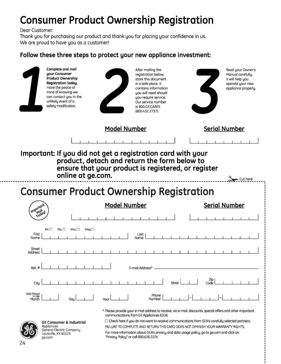 GE JP256 installation instructions Consumer Product Ownership Registration, online at ge.com, Model Number, Serial Number 