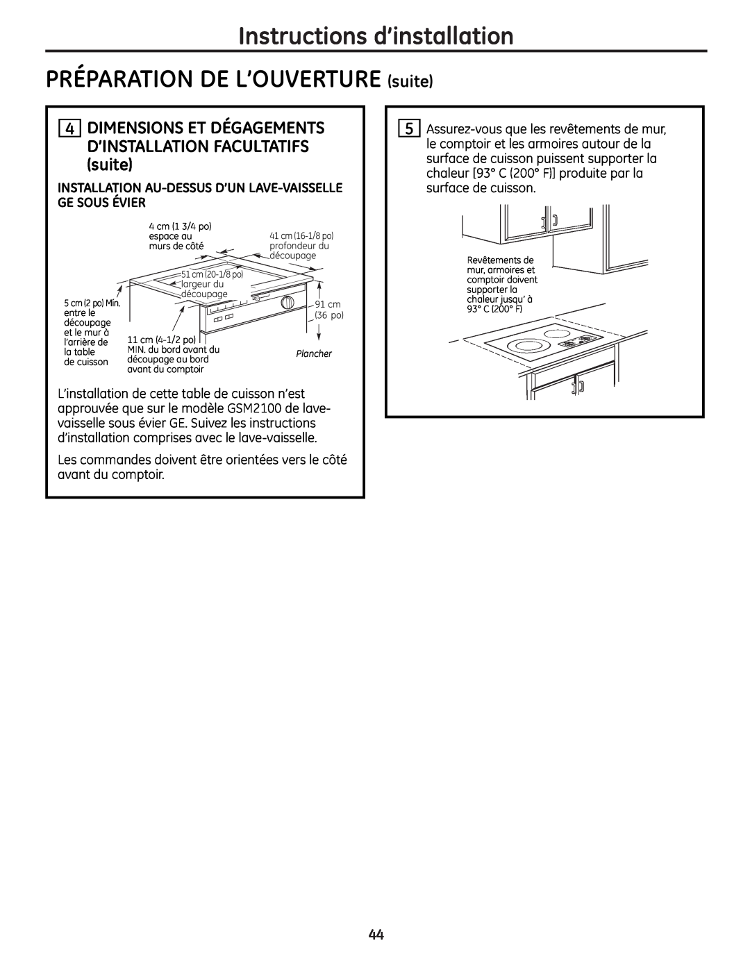 GE JP256 installation instructions Instructions d’installation PRÉPARATION DE L’OUVERTURE suite, Plancher 