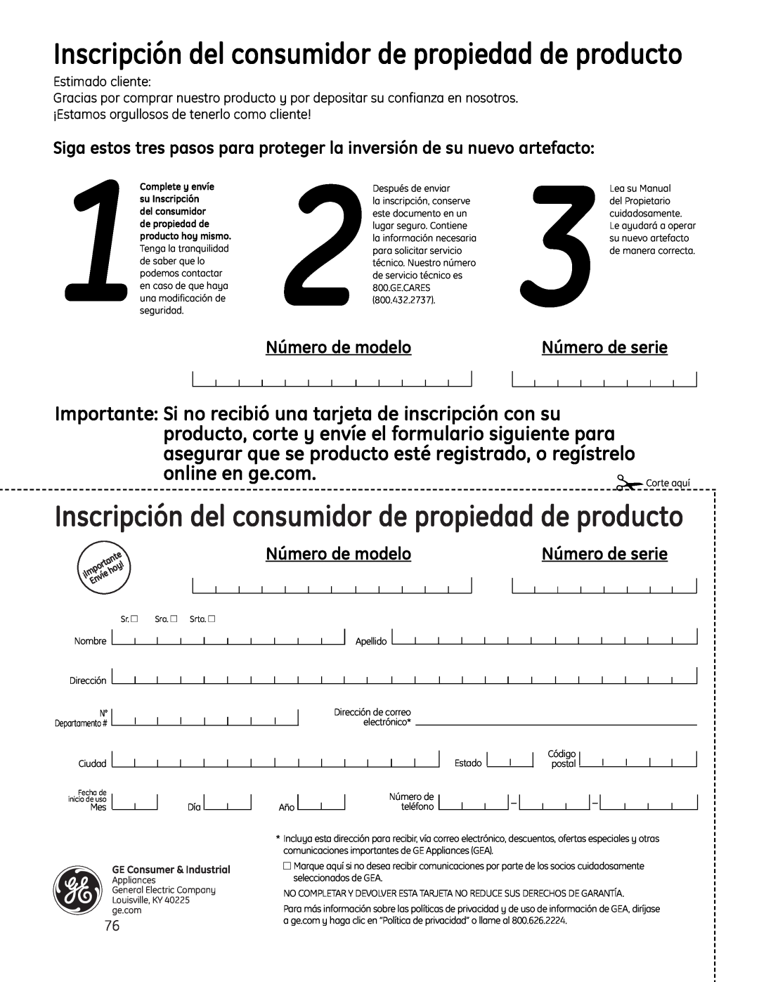 GE JP256 installation instructions Inscripción del consumidor de propiedad de producto, Número de modelo, Número de serie 