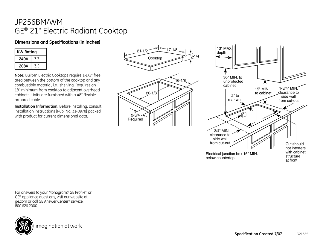 GE JP256BMBB dimensions JP256BM/WM, GE 21 Electric Radiant Cooktop, Dimensions and Specifications in inches 