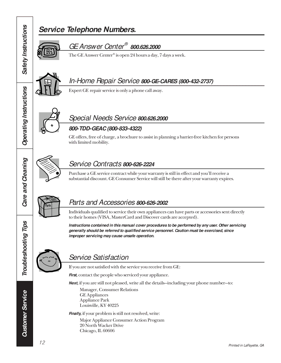 GE JP326, JP626 owner manual Service Telephone Numbers, GE Answer Center 