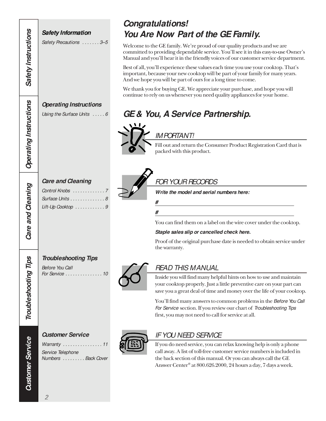 GE JP326, JP626 owner manual Congratulations You Are Now Part of the GE Family, GE & You, a Service Partnership 