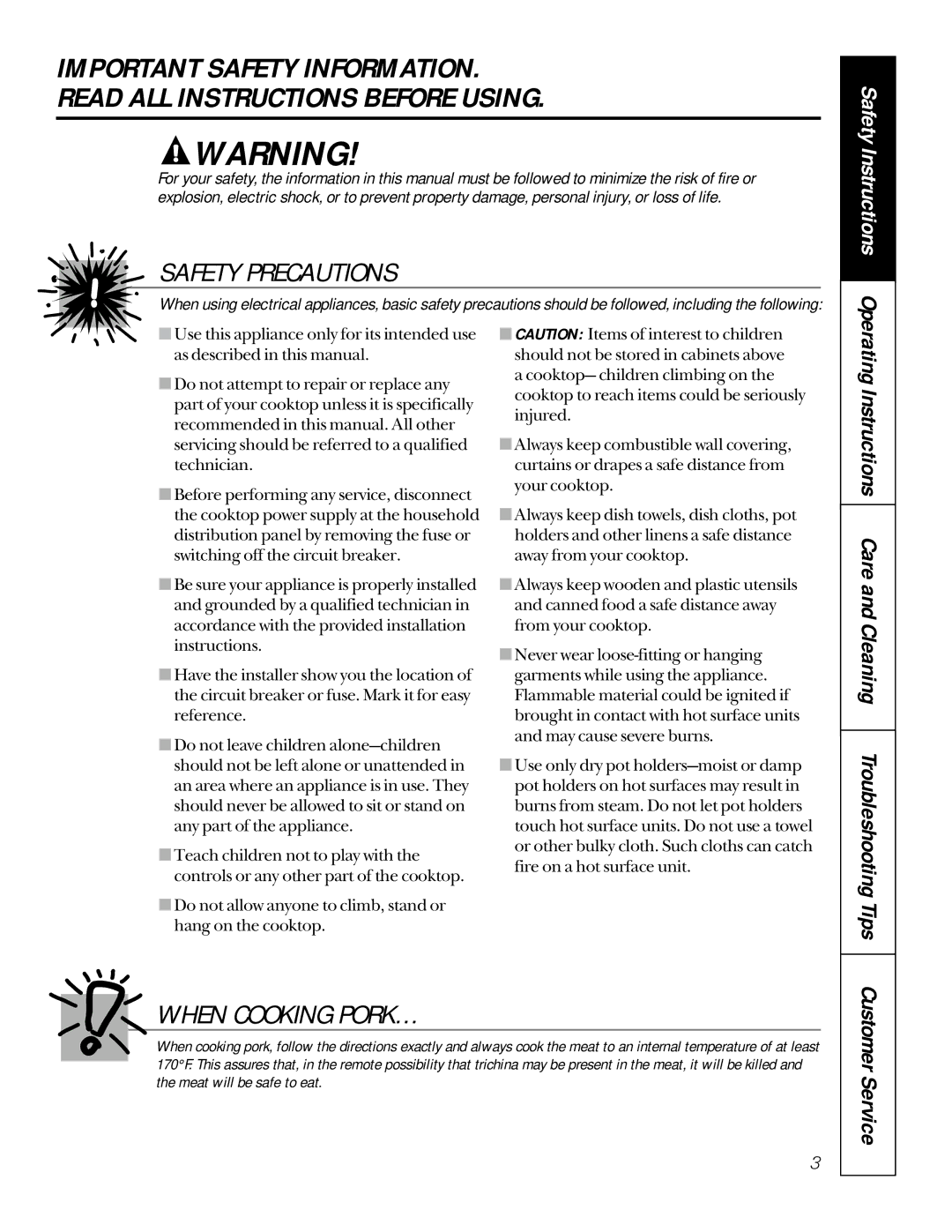 GE JP626, JP326 owner manual Safety Instructions, Customer Service 