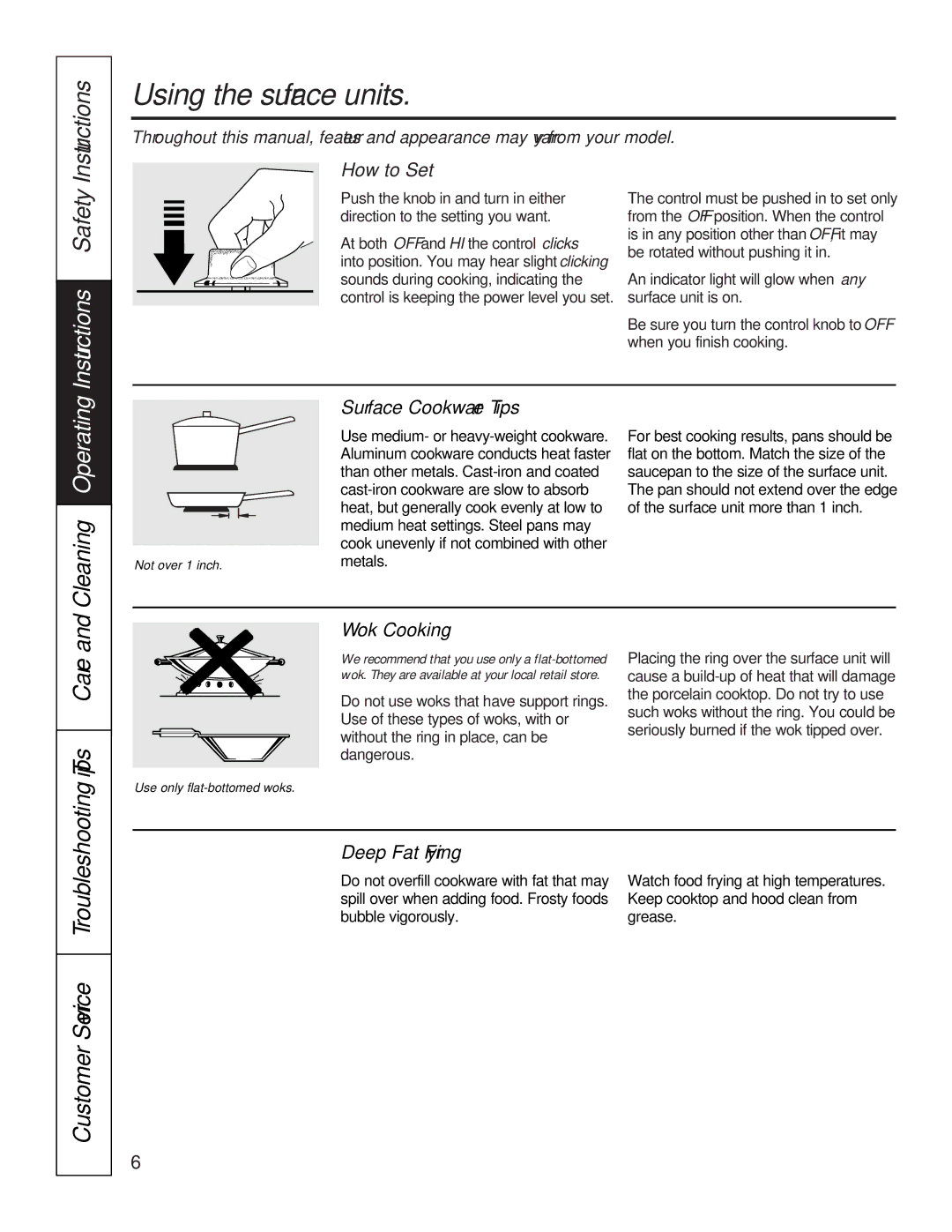 GE JP326, JP626 owner manual Using the surface units, Instructions Safety, Cleaning Operating, Tips Care 