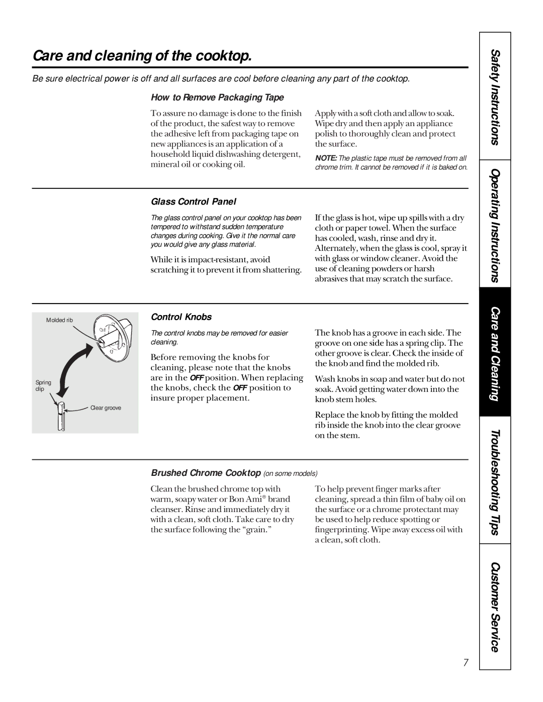 GE JP626, JP326 owner manual Care and cleaning of the cooktop, Safety, Care and Cleaning 