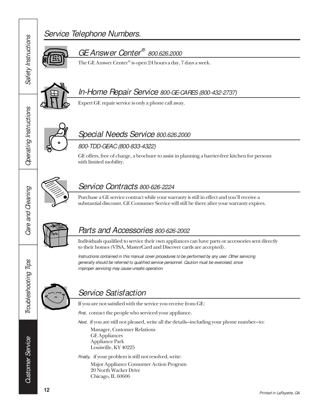 GE JP326, JP626 owner manual Service Telephone Numbers, GE Answer Center 