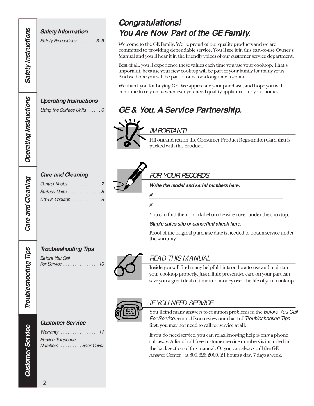 GE JP326, JP626 owner manual Congratulations You Are Now Part of the GE Family, GE & You, a Service Partnership 