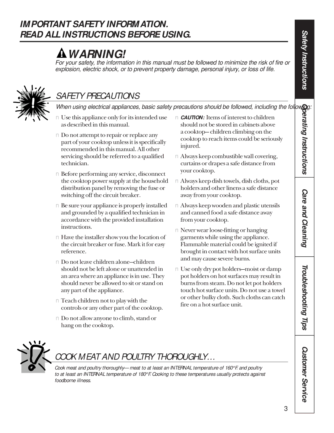 GE JP626, JP326 owner manual Safety Instructions, Customer Service 