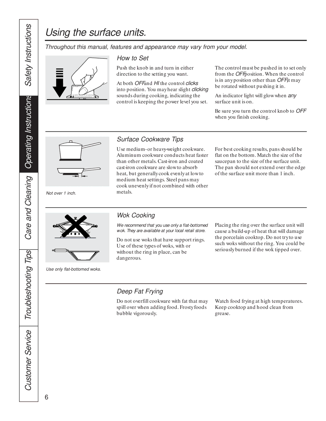 GE JP326, JP626 owner manual Using the surface units, Instructions Safety, Cleaning Operating, Tips Care 