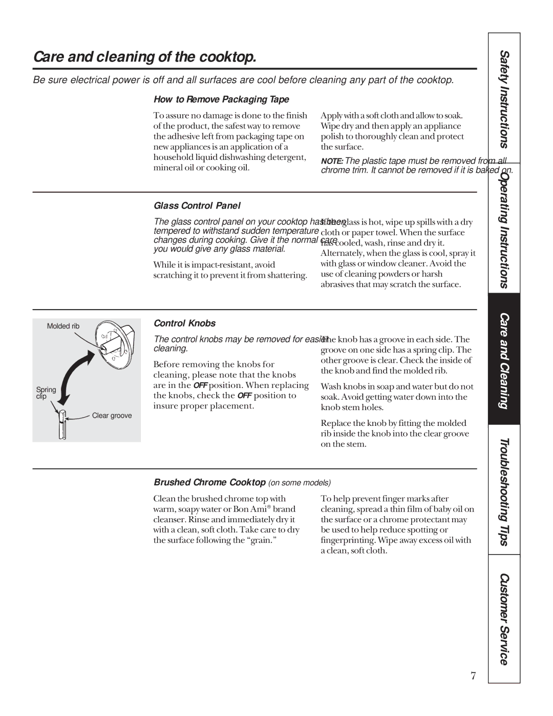 GE JP626, JP326 owner manual Care and cleaning of the cooktop, Safety, Care and Cleaning 