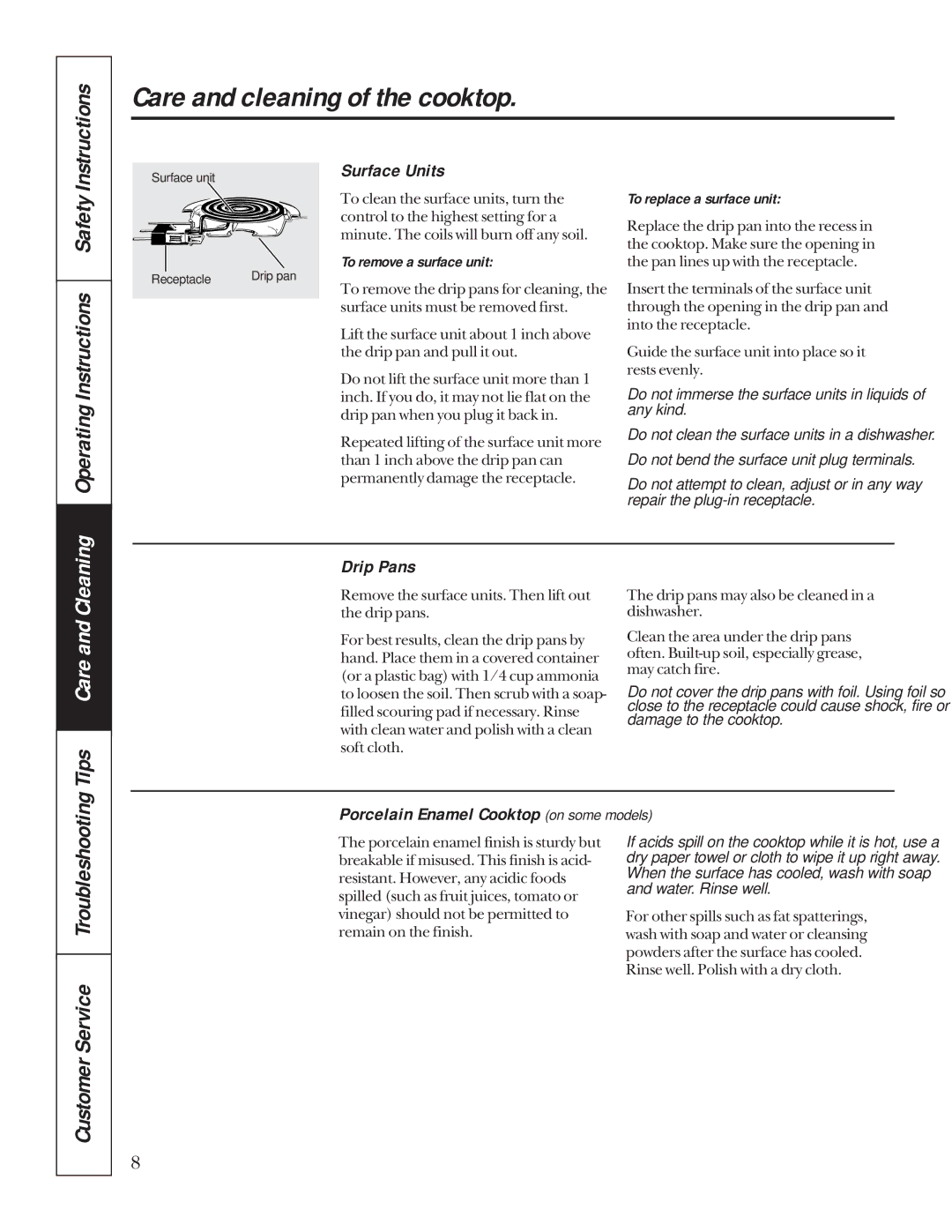 GE JP326, JP626 owner manual Operating Instructions Safety, Tips Care and Cleaning, Surface Units, Drip Pans 