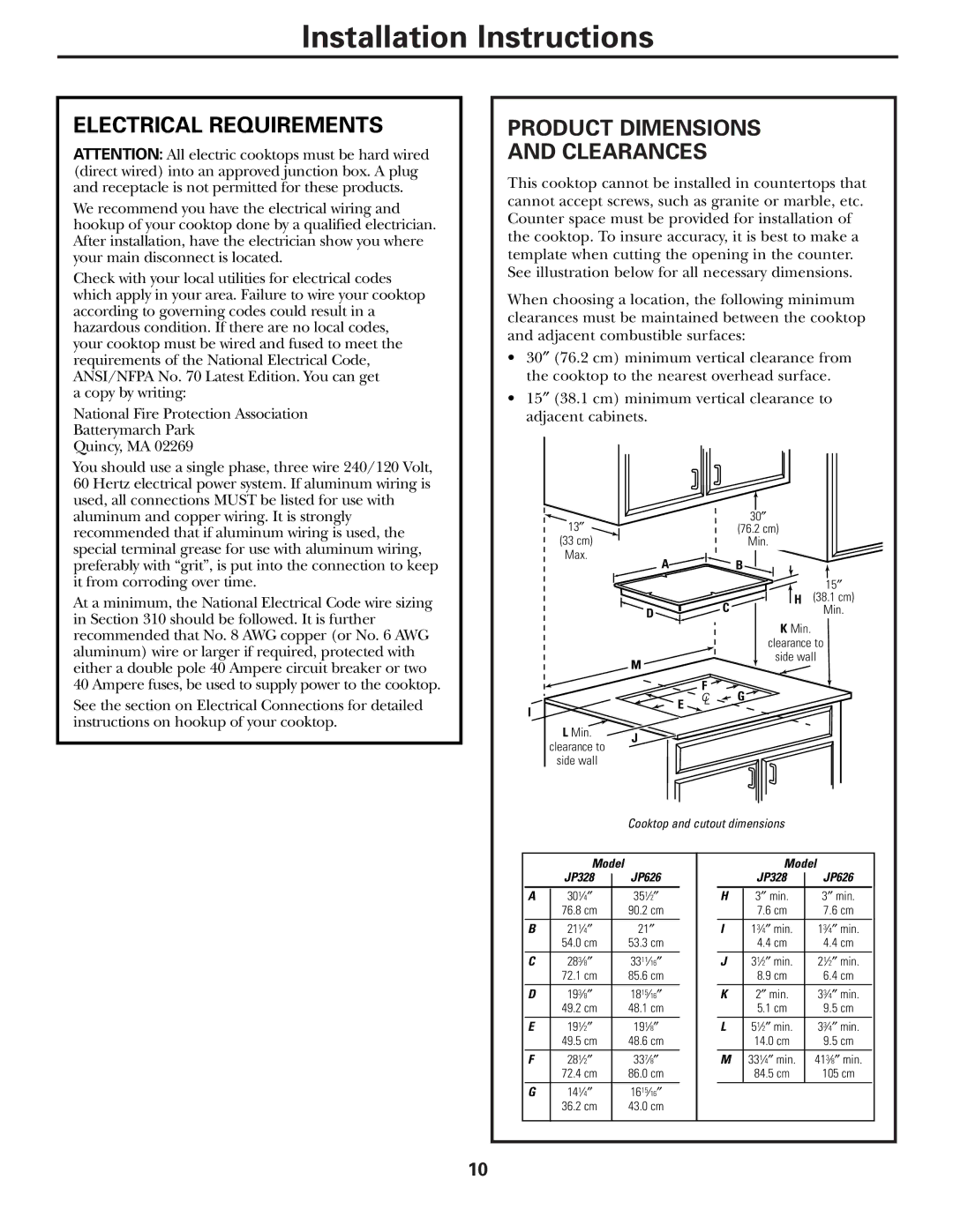 GE JP328 JP626 owner manual Electrical Requirements, Product Dimensions Clearances 