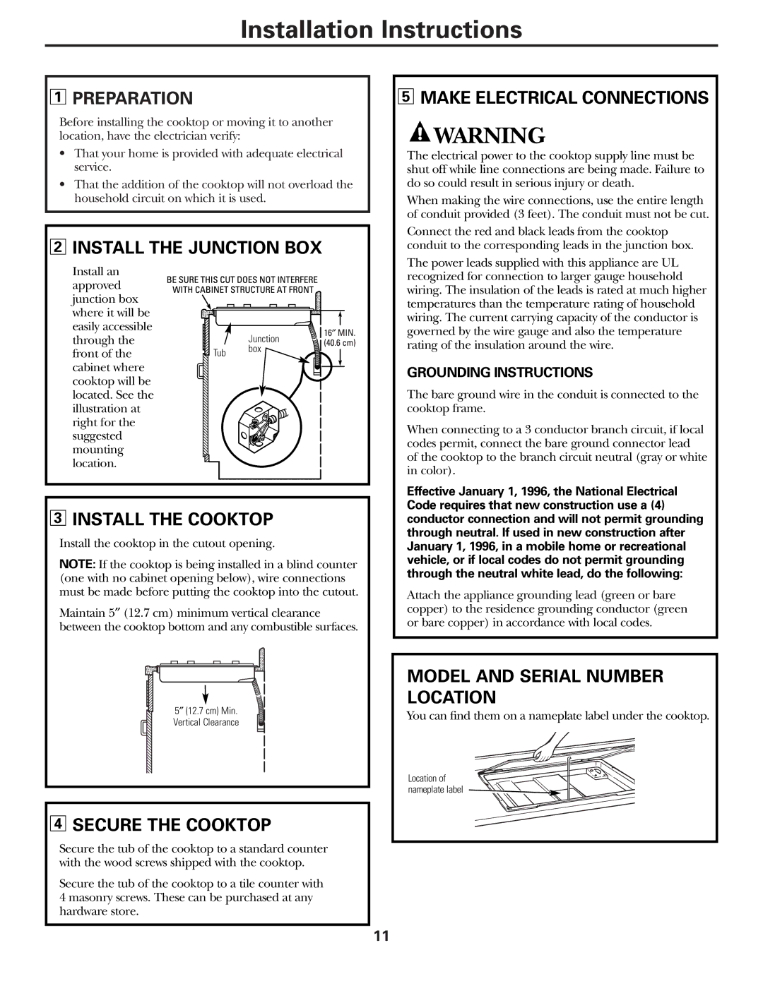 GE JP328 JP626 Preparation, Install the Junction BOX Make Electrical Connections, Install the Cooktop, Secure the Cooktop 