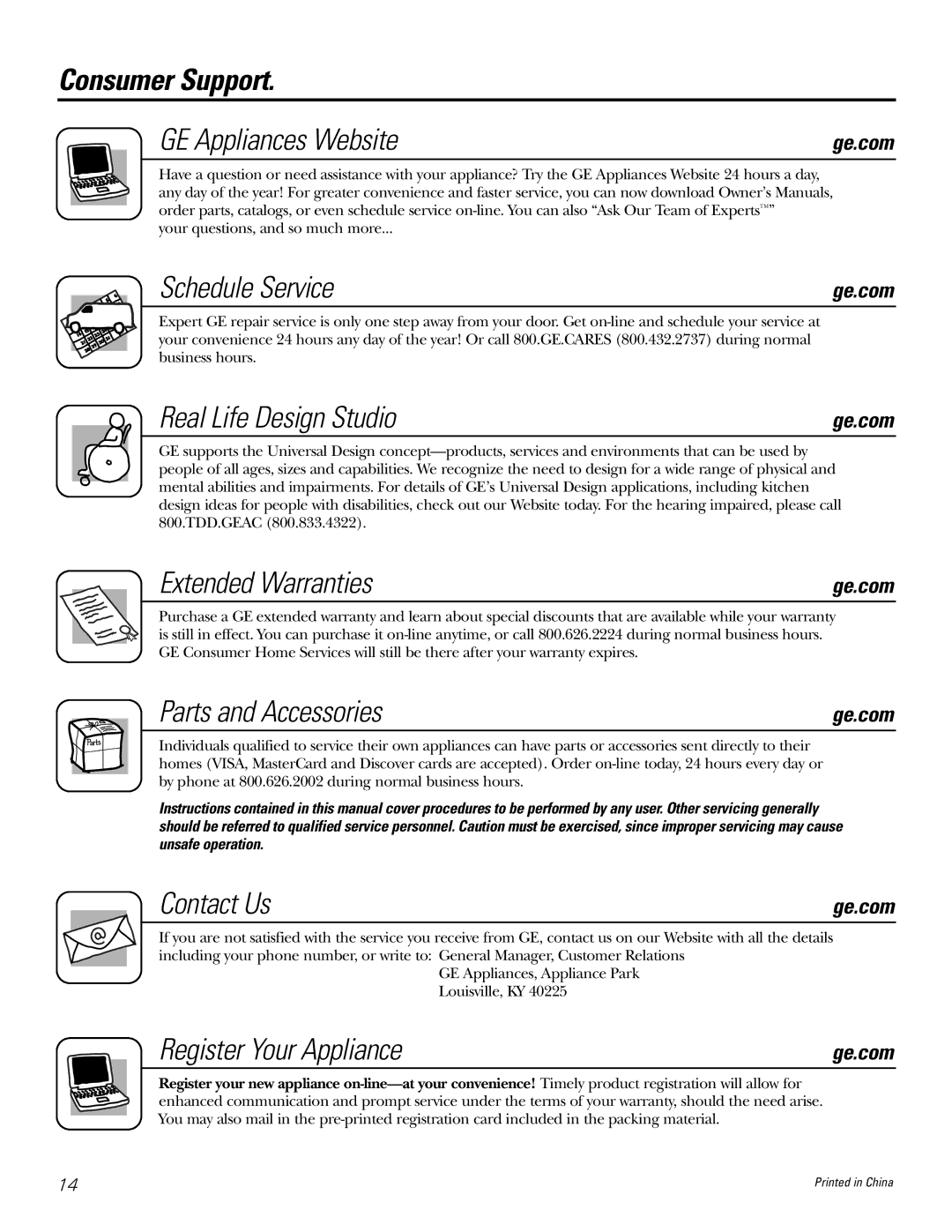 GE JP328 JP626 Consumer Support GE Appliances Website, Schedule Service, Real Life Design Studio, Extended Warranties 