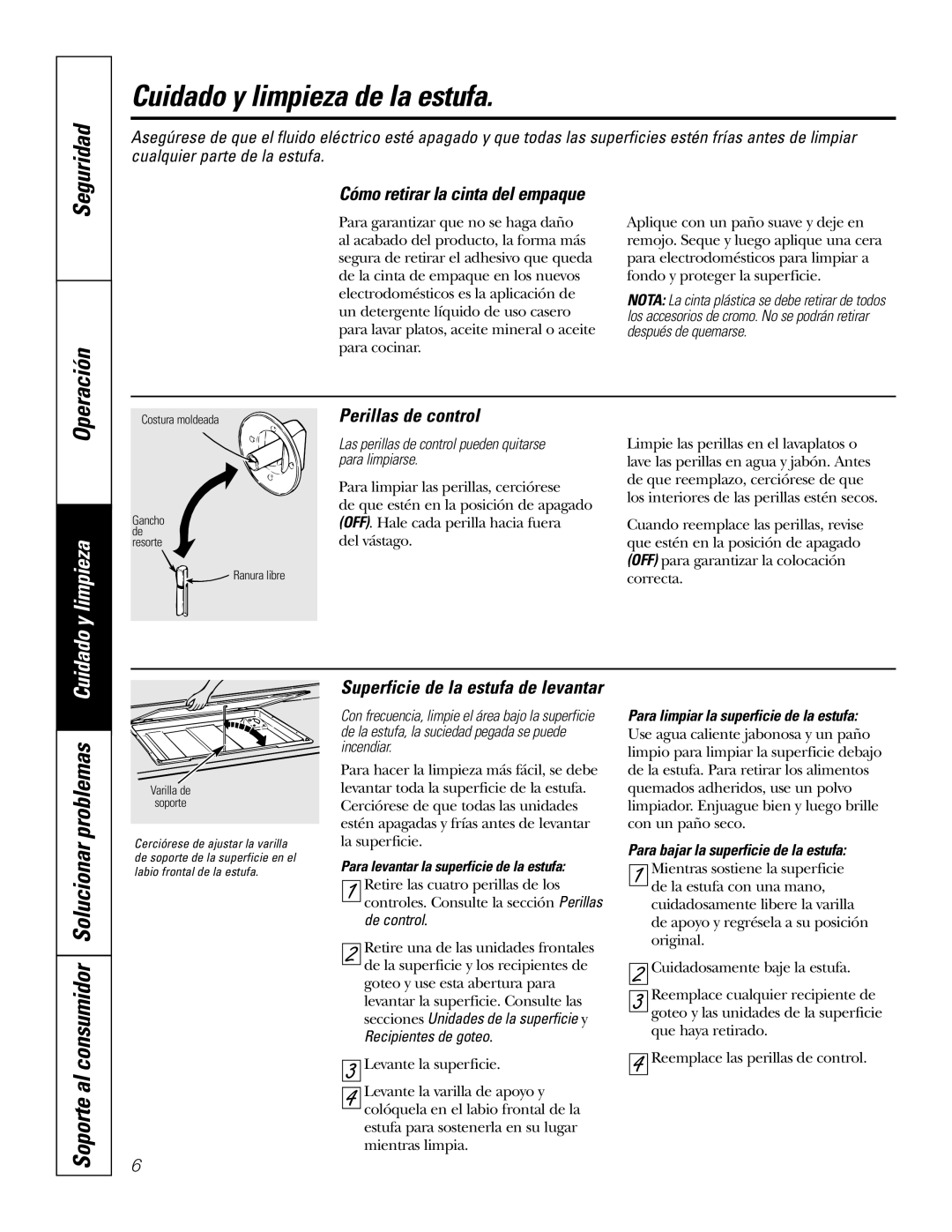 GE JP328 JP626 Cuidado y limpieza de la estufa, Soporte al consumidor Solucionar problemas, Perillas de control 