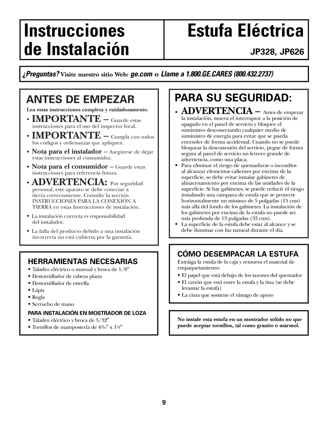 GE JP328 JP626 owner manual Herramientas Necesarias, Cómo Desempacar LA Estufa 