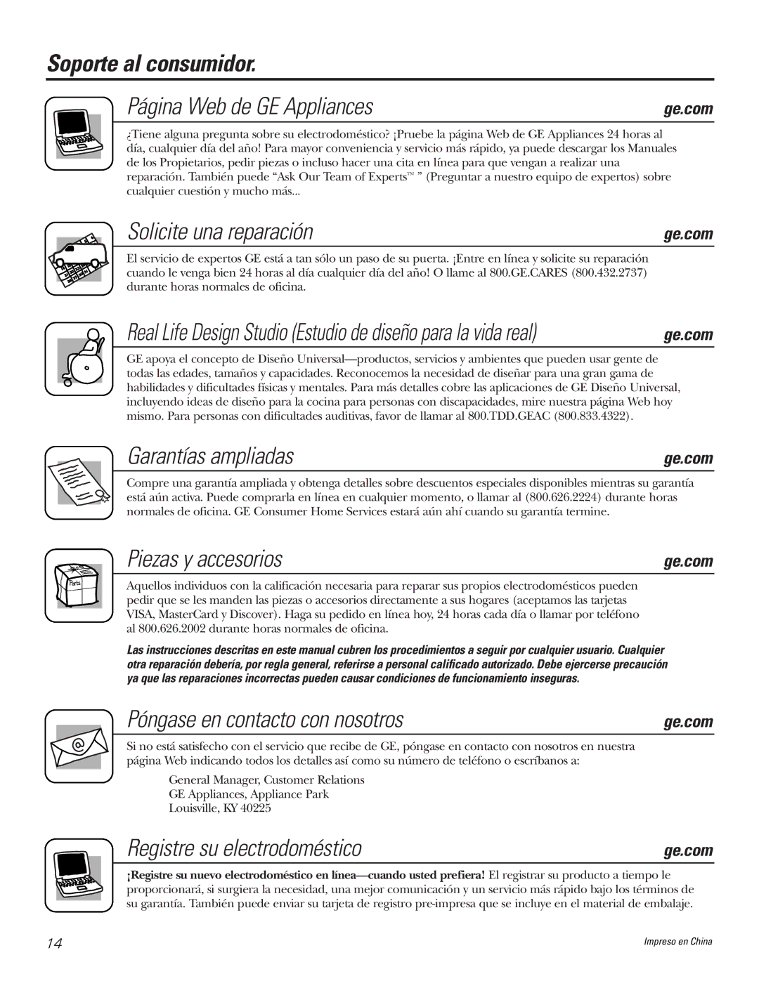 GE JP328 JP626 owner manual Soporte al consumidor Página Web de GE Appliances, Solicite una reparación, Garantías ampliadas 